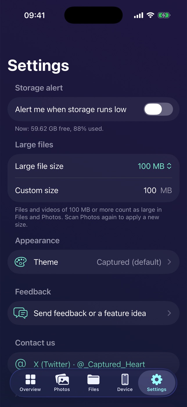 Settings with storage alert, large file size and themes