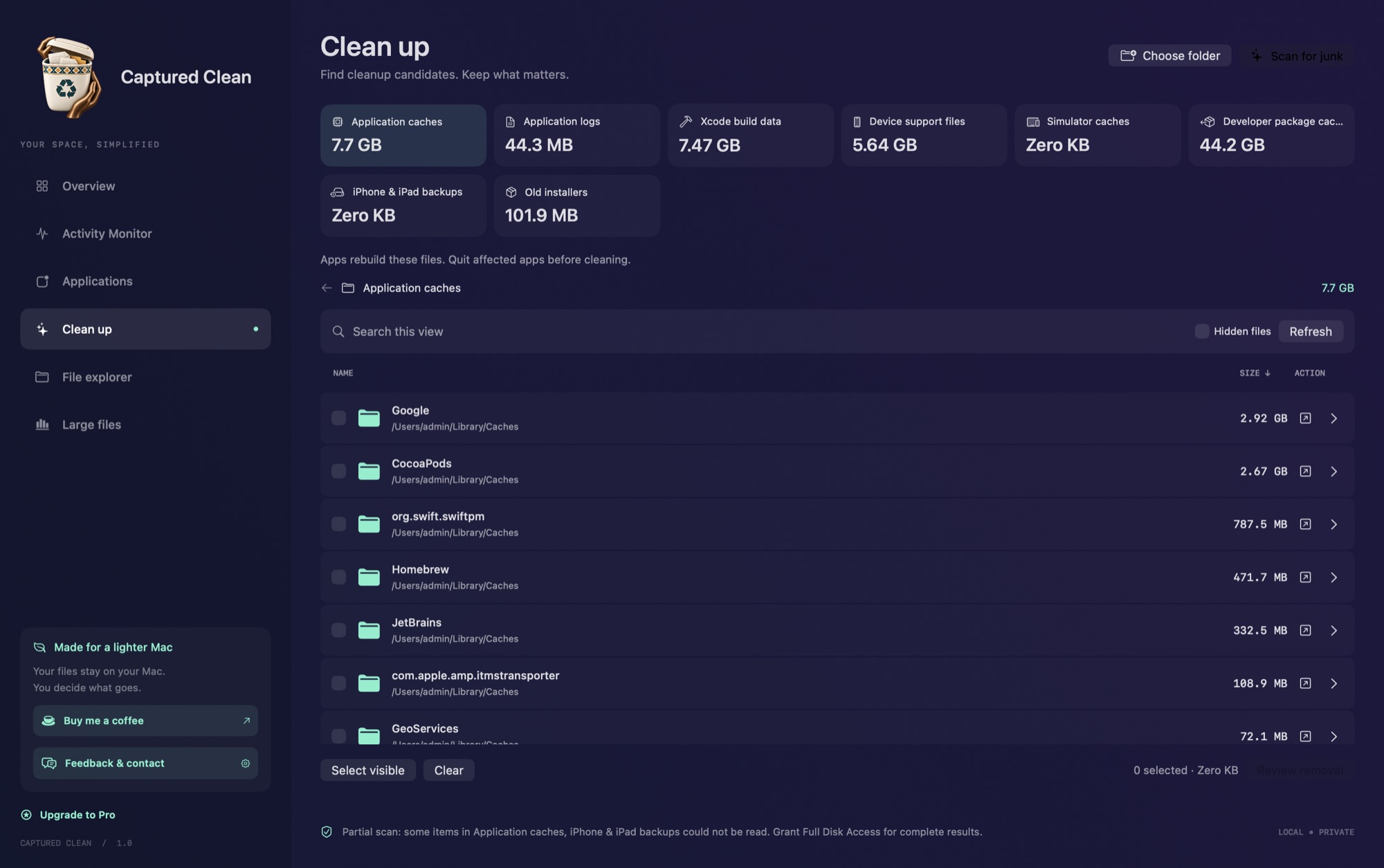 Clean up page listing application caches by size