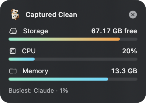 Floating monitor showing 67.17 GB free, CPU 20 percent and 13.3 GB memory
