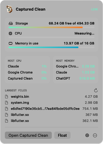 Menu bar panel showing storage, CPU, memory, busiest apps and largest files