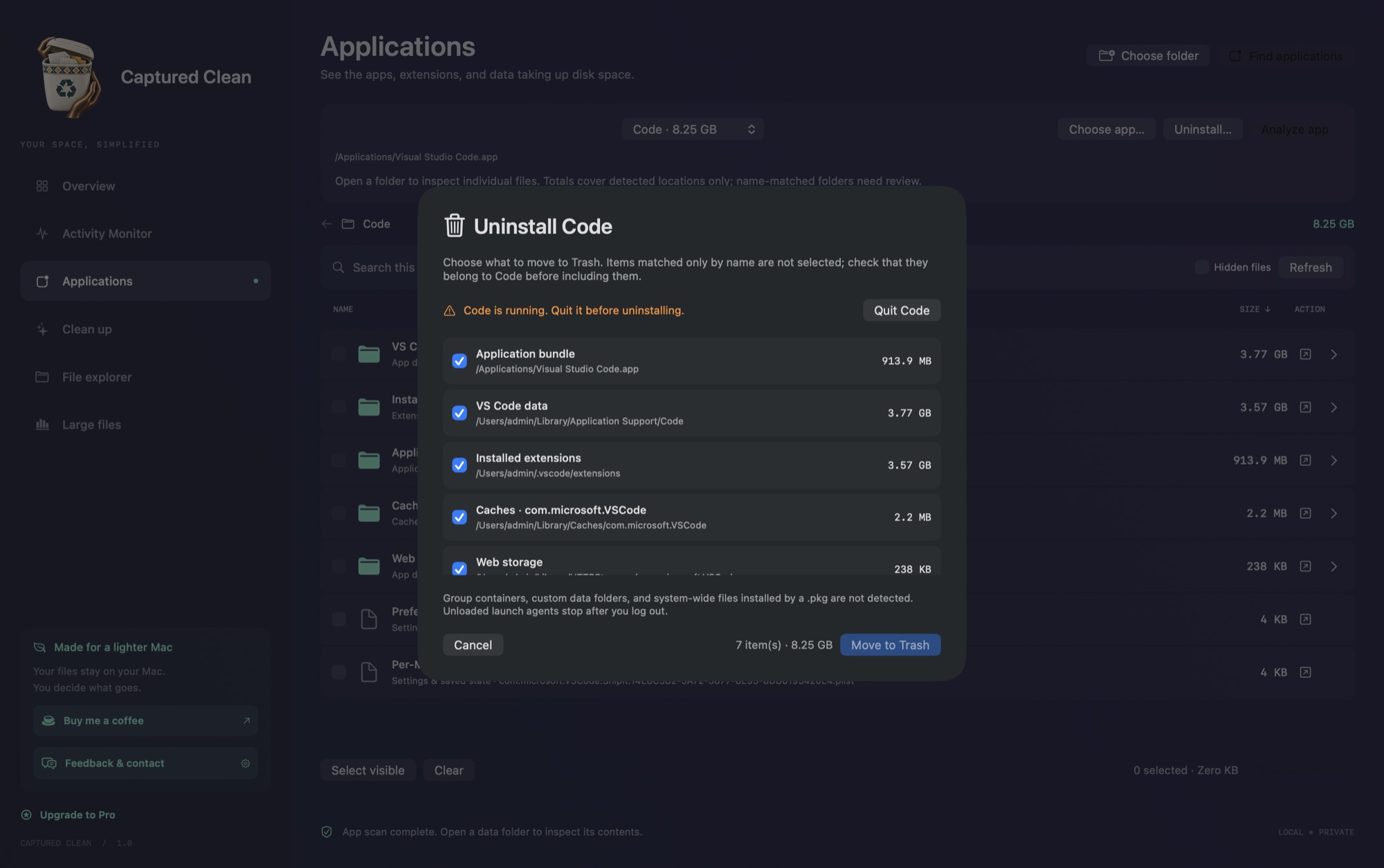 Uninstall sheet for Visual Studio Code listing 8.25 GB across 7 locations